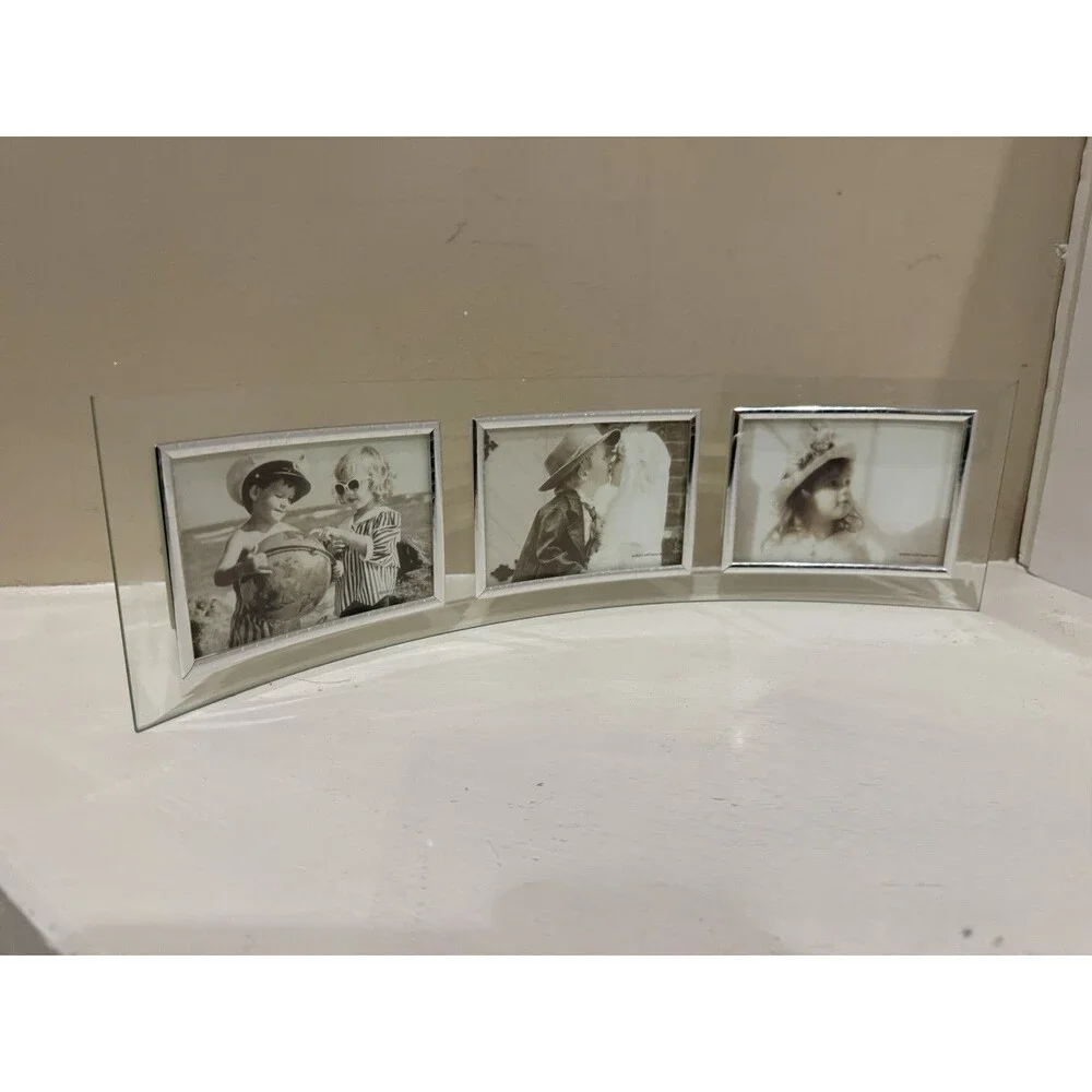 Curved Glass Triple Picture Frame 3 Photo Beveled Silver Desk Mantel Holder Bent